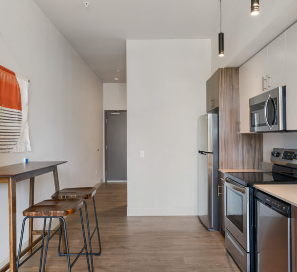 Kitchen and dining area of apartment floorplan