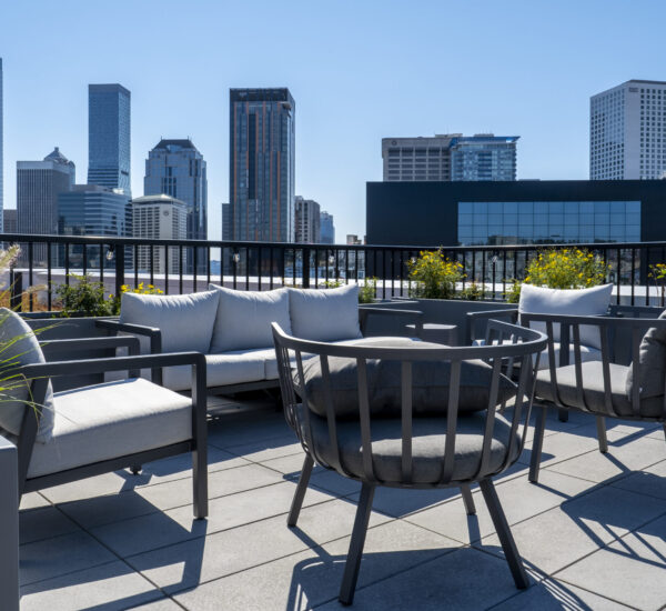 Apartments in Capitol Hill - Pivot Seattle - Outdoor Lounge Seating with Views of the City